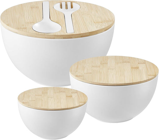 Large Salad Bowls with Bamboo Lids Set of 3, Mixing Nesting Bowls Round Serving Bowls with Servers for Salads, Kitchen Eating, Pastas, Popcorn, Chips, Trifle, Fruit, Food Prepare (White,10",8",6" )