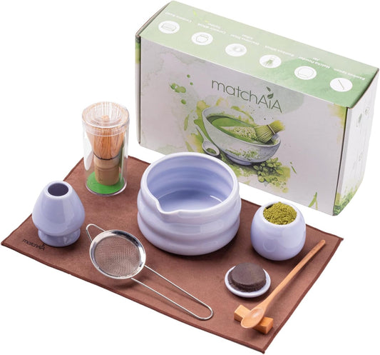Matcha Whisk Set 8 Pcs - Ceramic Bowl, Bamboo Whisk with Holder, Canister, Sifter, Schima Spoon, Spoon Rest and Tea Towel, Complete Kit for Traditional Matcha and Modern Lattes (Purple)