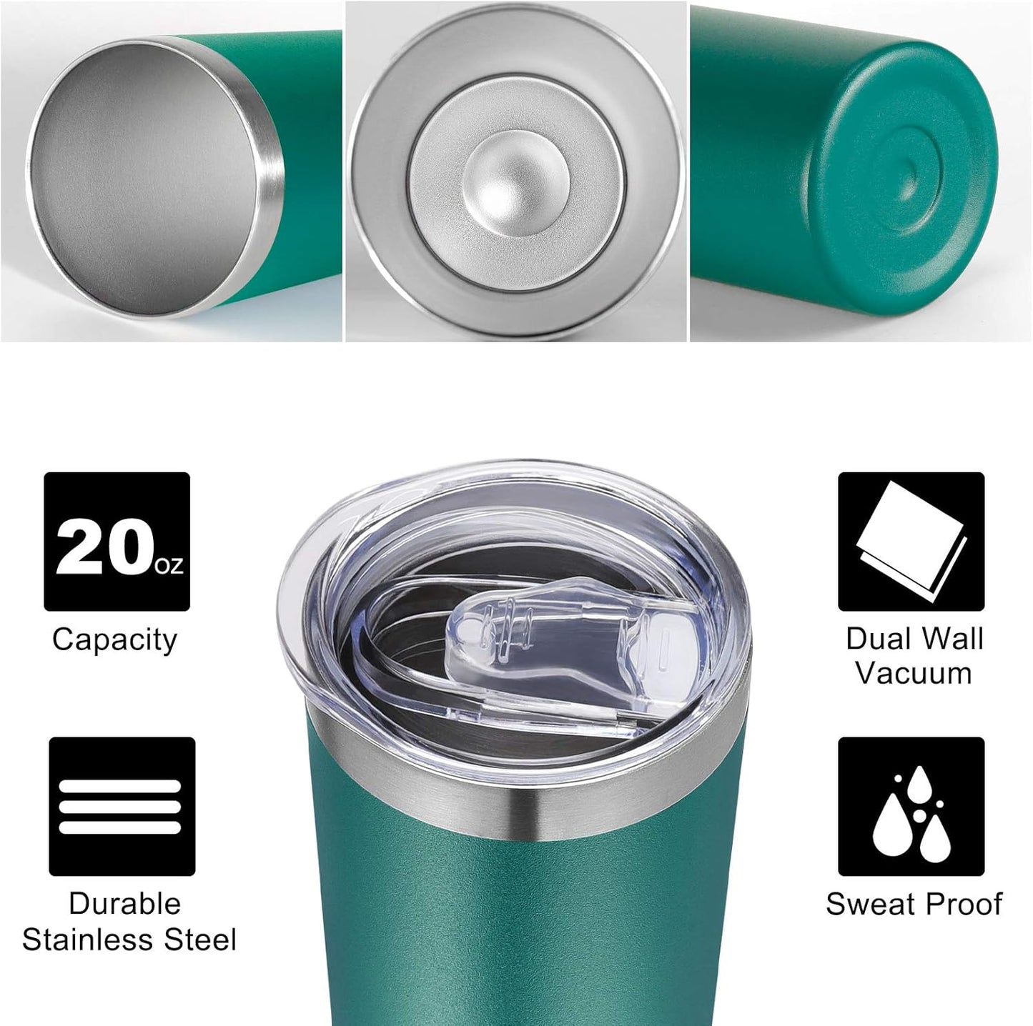 VEGOND Stainless Steel Tumblers Bulk 6 Pack, 20 oz Vacuum Insulated Skinny Tumblers with Lid and Straw, Double Wall Coffee Mug, Travel Water Cup, Dark Green