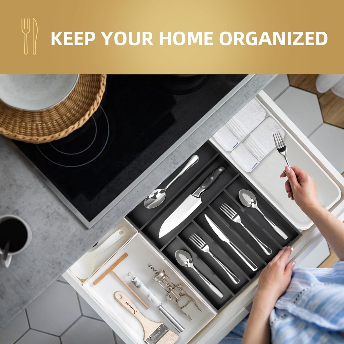 Silverware Organizer Kitchen Drawer Organizer Utensil Organizer Bamboo Silverware Holder Cutlery Organizer in Drawer Flatware Organizer Tray(7 slots, Black