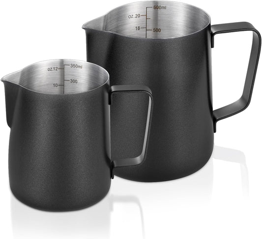 2 Pack Matte Black Milk Frothing Pitcher, 12oz/350ml & 20oz/600ml Espresso Steaming Pitcher, Stainless Steel Milk Frother Steamer Cup, Perfect for Espresso Coffee Cappuccino Latte Art