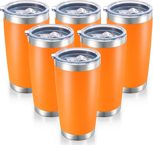 20 oz Tumblers Bulk Stainless Steel Tumbler with Lid Double Wall Vacuum Insulated Coffee Mug 20oz Powder Coated Cup for Hot and Cold Drinks, Orange, 6 pack