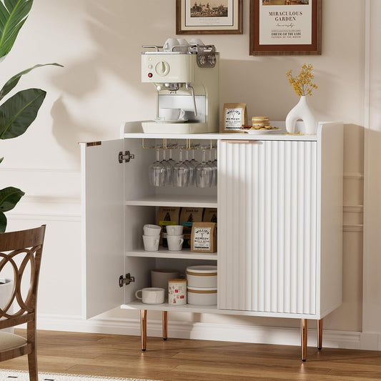 EOYUTLLY Coffee Bar Cabinet with Wine Rack & Glass Holder, Kitchen Sideboard Buffet Cabinet with Storage,Wine Bar Cabinet with Fluted Doors for Living Room Dining Room,White