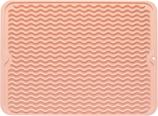 Silicone Dish Drying Mat for Multiple Usage,Easy clean,Eco-friendly,Heat-resistant Silicone Mat for Kitchen Counter or Sink,Refrigerator or drawer liner Pink L 16 inches x 12 inches