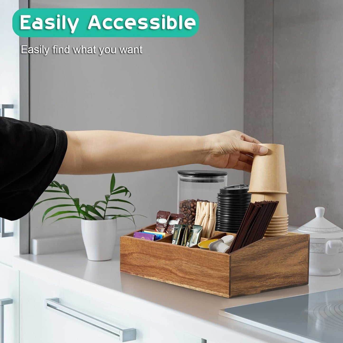 ALELION Acacia Wood Coffee Station Organizer for Countertop - 7 Compartments Coffee Bar Accessories and Organizer with Removable Dividers - Coffee and Tea Condiment storage Organizer