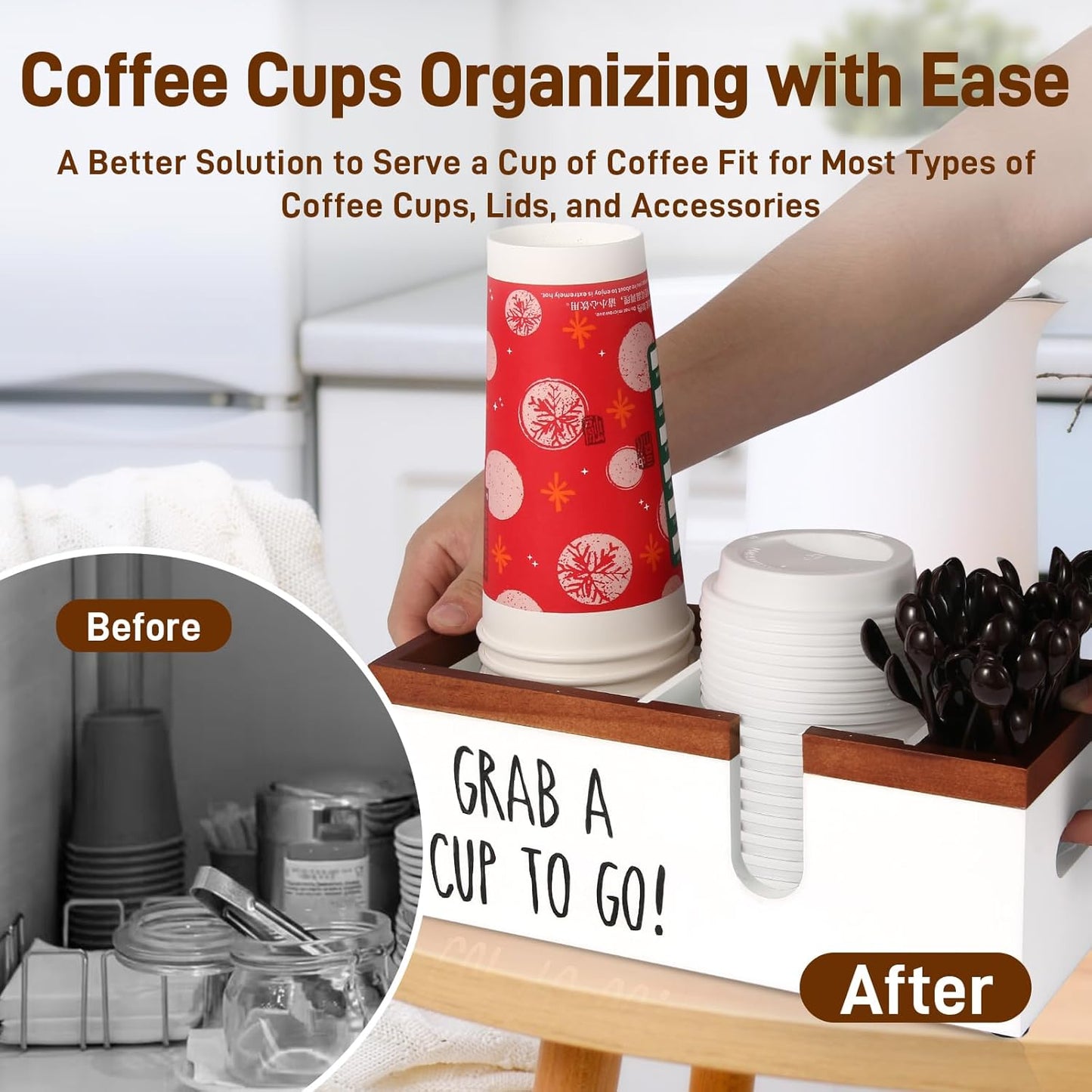 100% Wooden Coffee Cups Holder with U-Shape Cutout Design for Countertop-Coffee Bar Organizer for Cups, Lids, Pods, Stirrers, and Accessories, Great Gift for Home or Office (White)