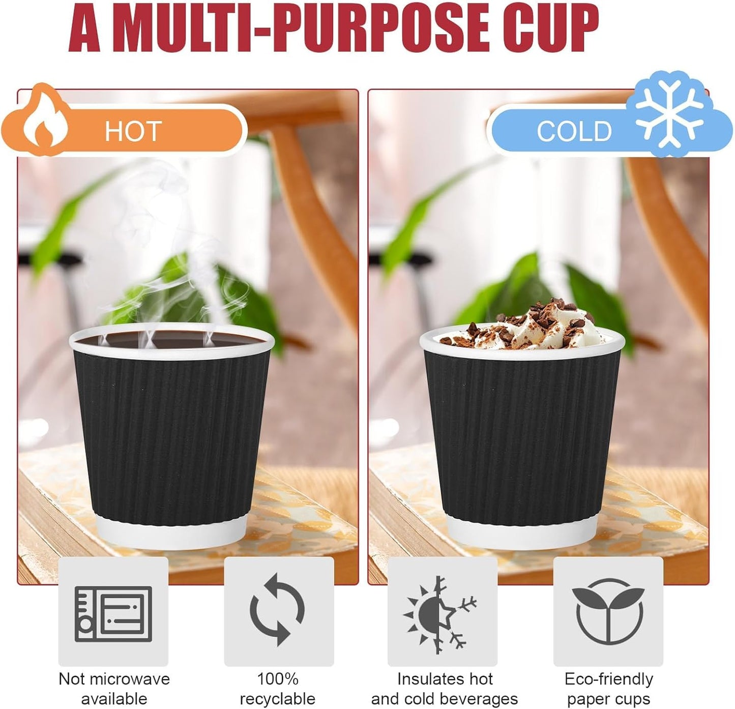 500 Pack Paper Espresso Coffee Cups, 4 oz Disposable Coffee Cups,Corrugated Insulated Ripple Wall, Paper Ripple Cup for Coffee, Hot Chocolate and Hot Tea Drinks -Black