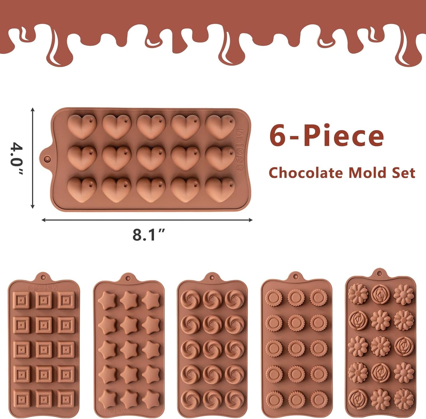 6 Pack Chocolate Molds Candy Molds Silicone, Food-Grade Non-Stick Jello Mold, Crayon Mold, Silicone Baking Mold, BPA Free, including Flower, Heart, Star, Round, Square, Whirlpool