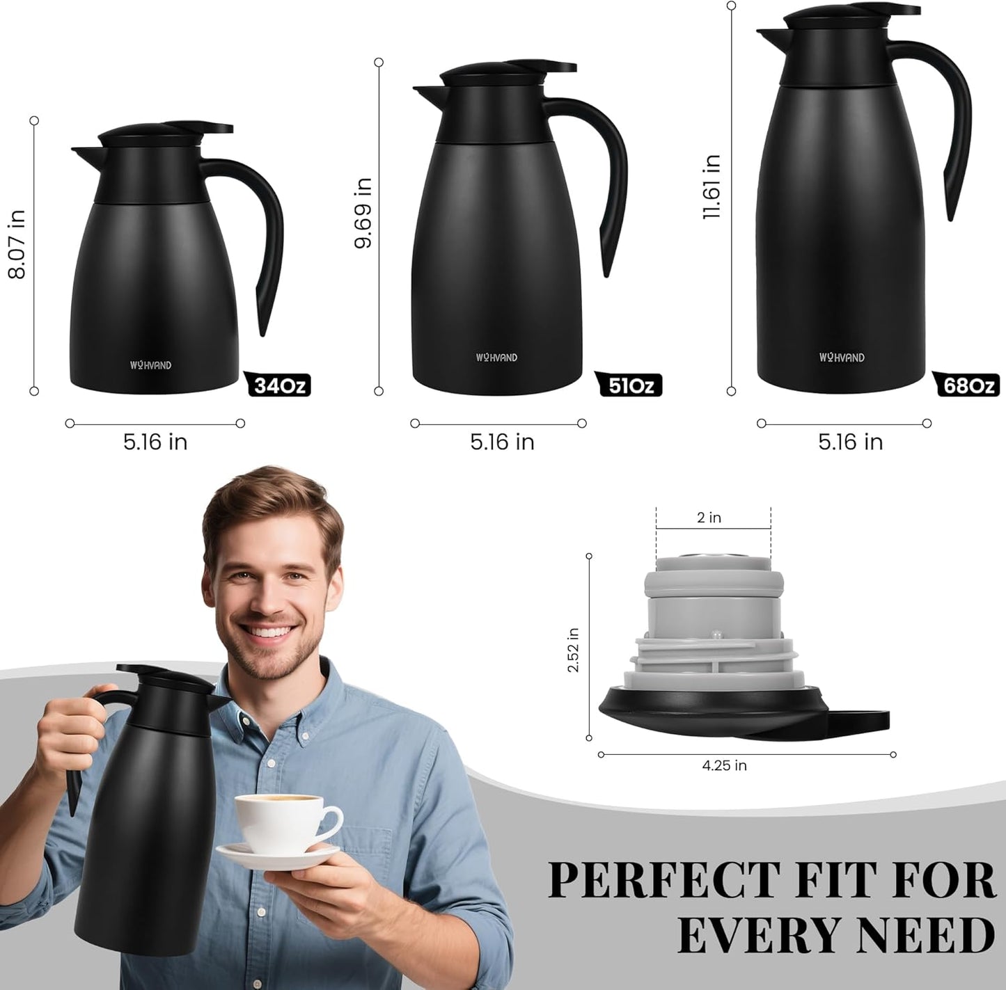 68 Oz Thermal Coffee Carafe, Stainless Steel Insulated Vacuum coffee crafts to keep coffee hot, 2 Liter Tea Water Coffee and Beverage Dispenser (Black)