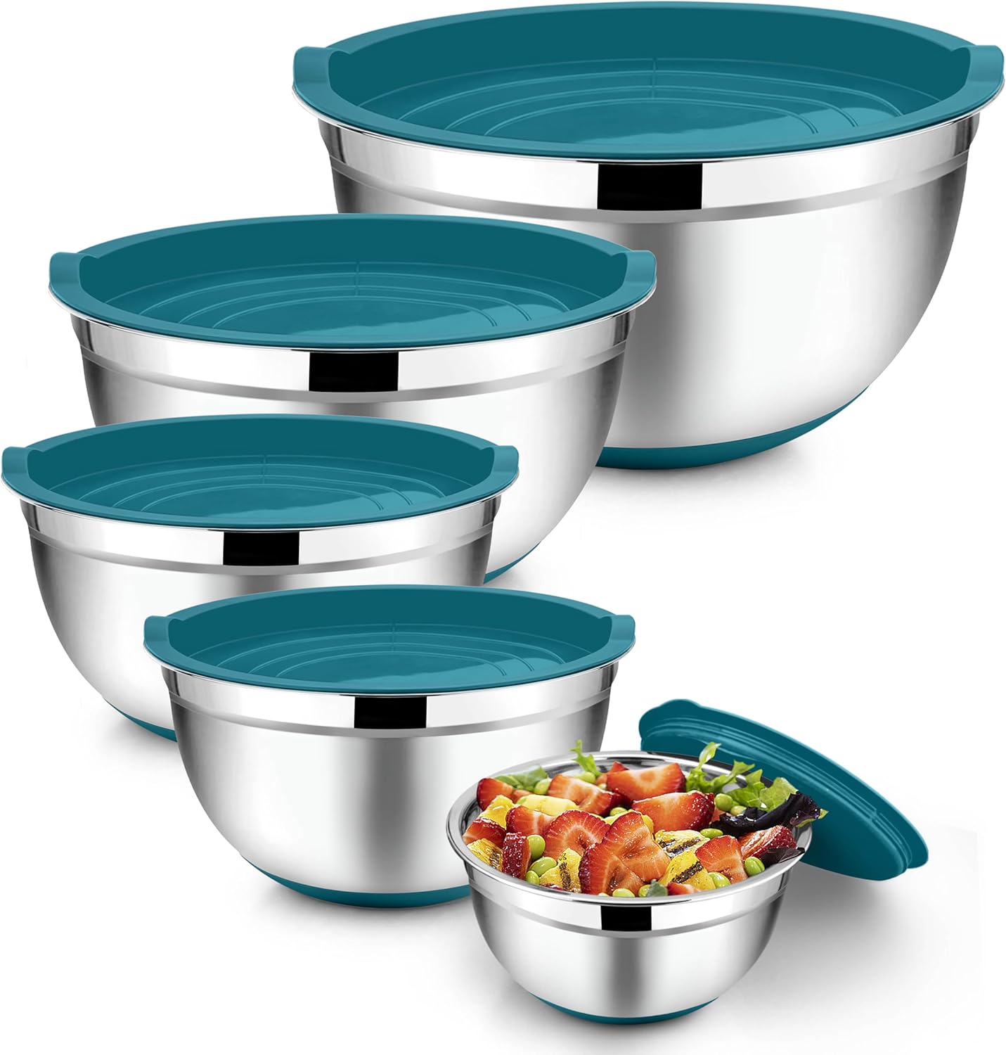 TeamFar Mixing Bowls with Lids Set, 7/3.5/2.5/1.5/1 QT, Stainless Steel Large Metal Nesting Salad Bowl Set of 5, Healthy & Sturdy, Non-slip Bottom & Airtight Lid-Blue