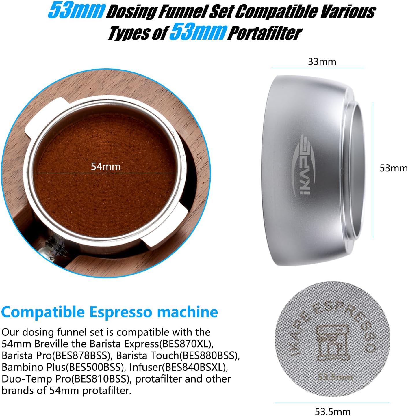 IKAPE Magnetic Dosing Funnel Set, 53MM Espresso Dosing Ring & Puck Screen Kit Compatible with Delonghi 54MM Bottomless Portafilter - with 8 Small Magnet (Silver)