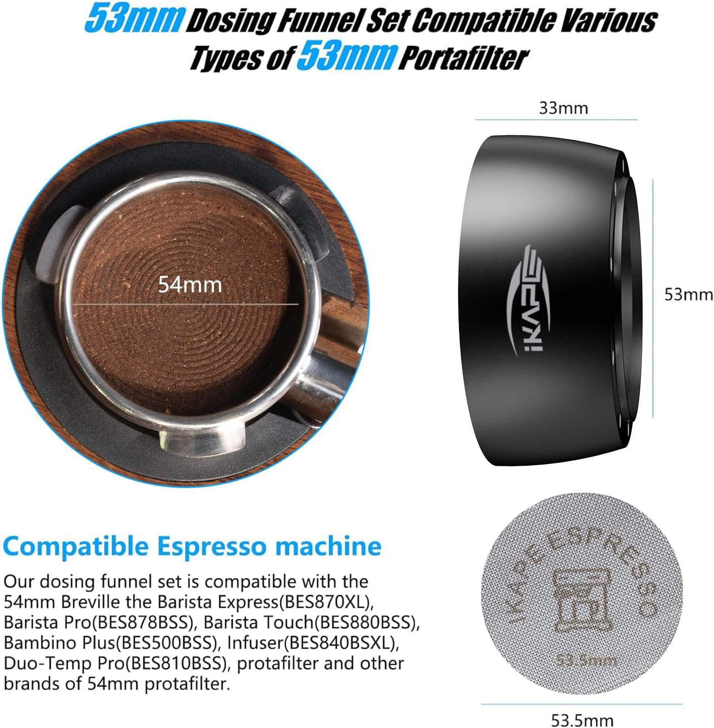 IKAPE Magnetic Dosing Funnel Set, 53MM Espresso Dosing Ring & Puck Screen Kit Compatible with Breville 54MM Bottomless Portafilter - with 8 Small Magnet (Black)