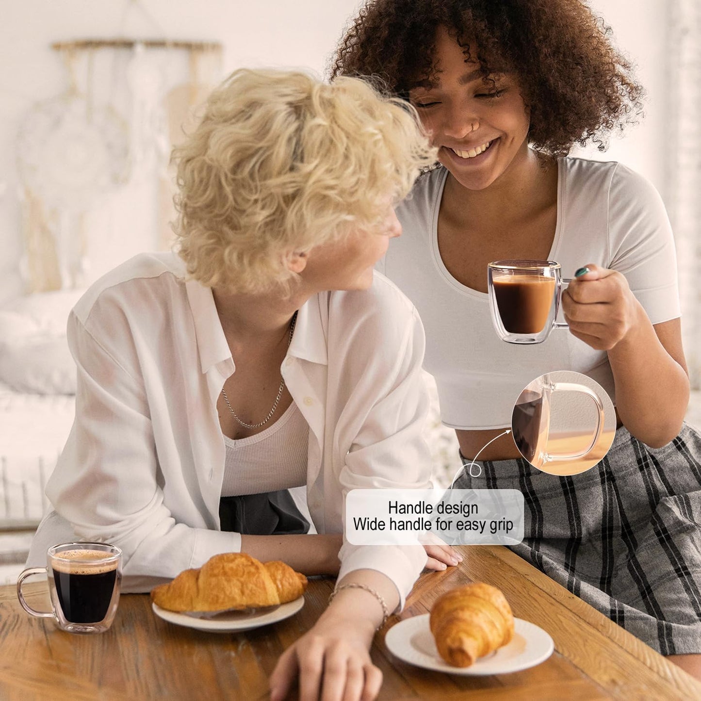 Espresso Cups Set of 4, Double Wall Hand Blown 5.5OZ Espresso Shots Glass, Coffee Mugs with Handle Perfect for Cappuccino, Latte, Tea