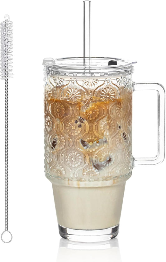 KEMORELA 24 Oz Glass Tumbler with Straw and Lid, Iced Coffee Cups with Lids, Smoothie Cup with Handle, Begonia Pattern Glassware for Cold Drinks, Reusable Tumbler for Beverages (1)