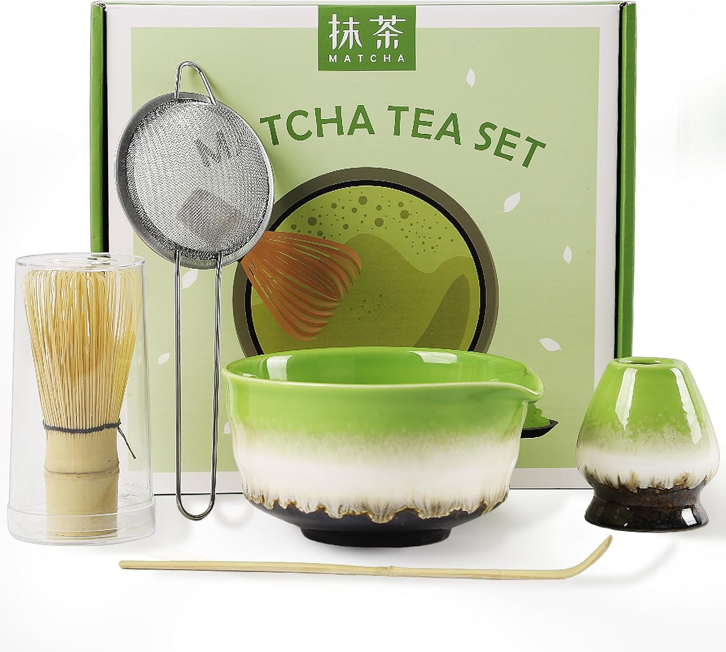 Matcha Set Includes Ceramic Matcha Bowl with Spout, Bamboo Whisk, Matcha Sifter, Matcha Whisk Holder, Bamboo Spoons, 5 Pieces Green Matcha Kit Gift for Tea Lovers