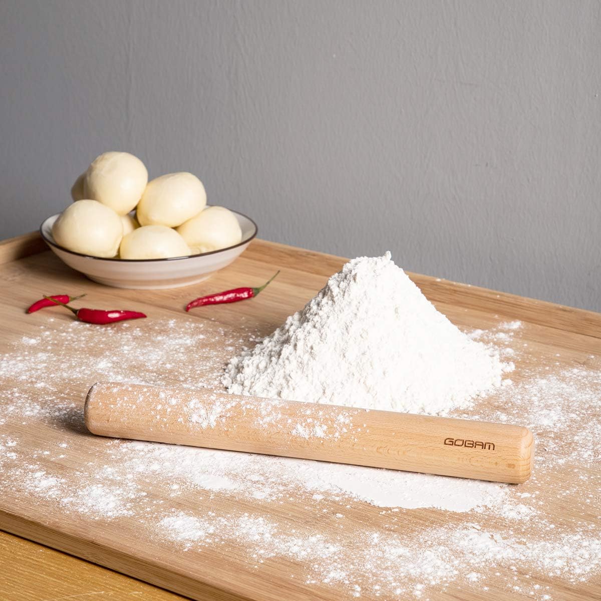 GOBAM Wood Rolling Pin, Large - Dough Roller for Pasta, Cookies, Pie, Pizza, Chapati, Fondant, Rolling Pins for Baking, Bread Making Tools and Supplies - 14.5 x 1.6 Inches