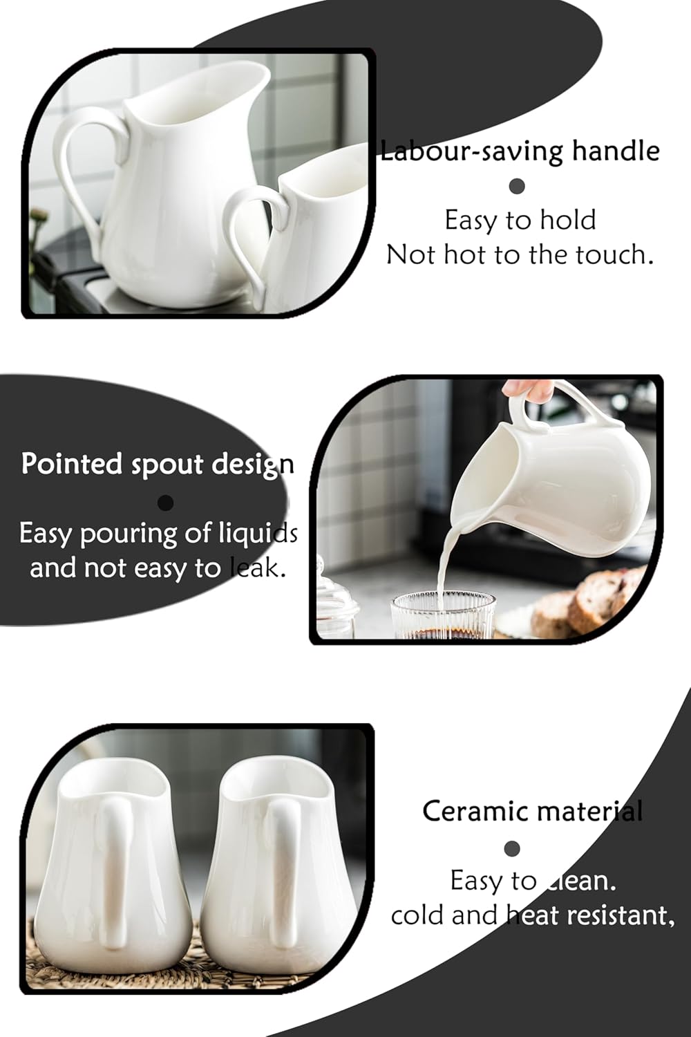 2 PCS Small Creamer Pitcher Set, 9 OZ Ceramics Creamer Pitcher with Handle for Farmhouse Kitchen Coffee Milk Sauces, White