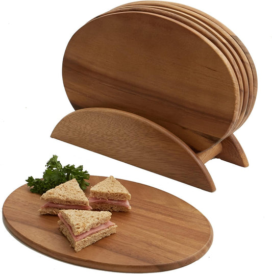 Woodard & Charles 6 Acacia Wood Serving Boards with Stand, Perfect for Serving, Sushi, Cheese, Hors d'oeuvre, Charcuterie, Sandwiches, 7 Piece Set, 9 1/2" x 6 1/2"