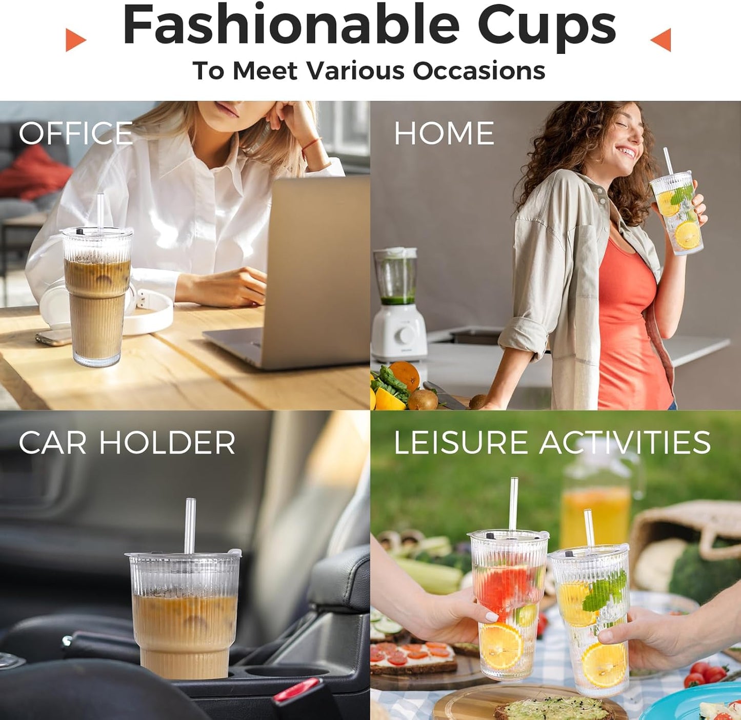 2PCS 20oz Glass Cups with Lids and Straws, Iced Coffee Cups with Lids, Stylish Ribbed Thick Drinking Glasses Tumbler for Juice, Smoothies, Cold Beverages, Cute Cup Gifts with Clean Brush