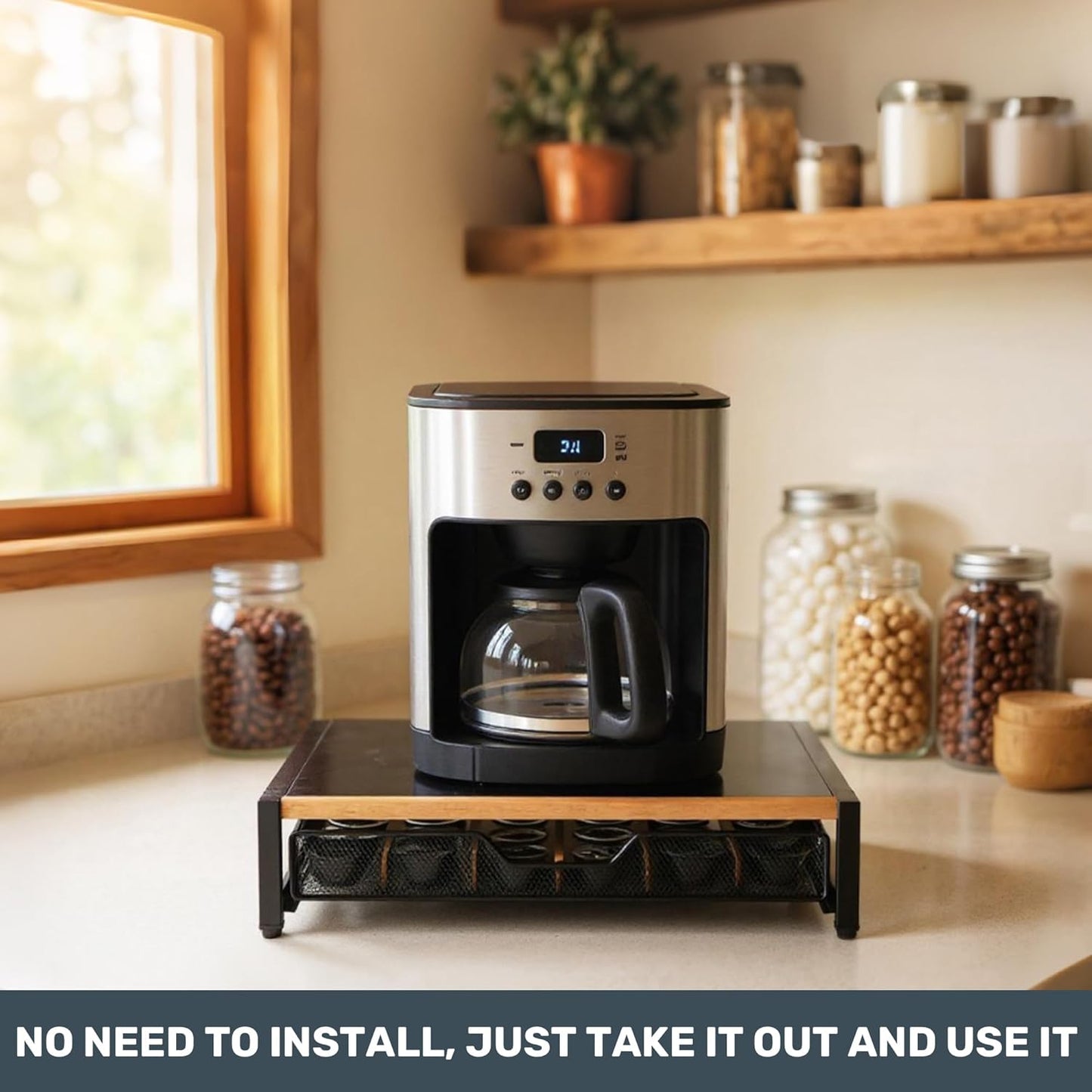 Coffee Pod Drawer,Coffee Station Organizer for Coffee Pod Storage,Movable Solid Wood Partition Board, Counter Coffee Bar Accessories for Nespresso Pods,Cream, Spoon, Sugar（Black)