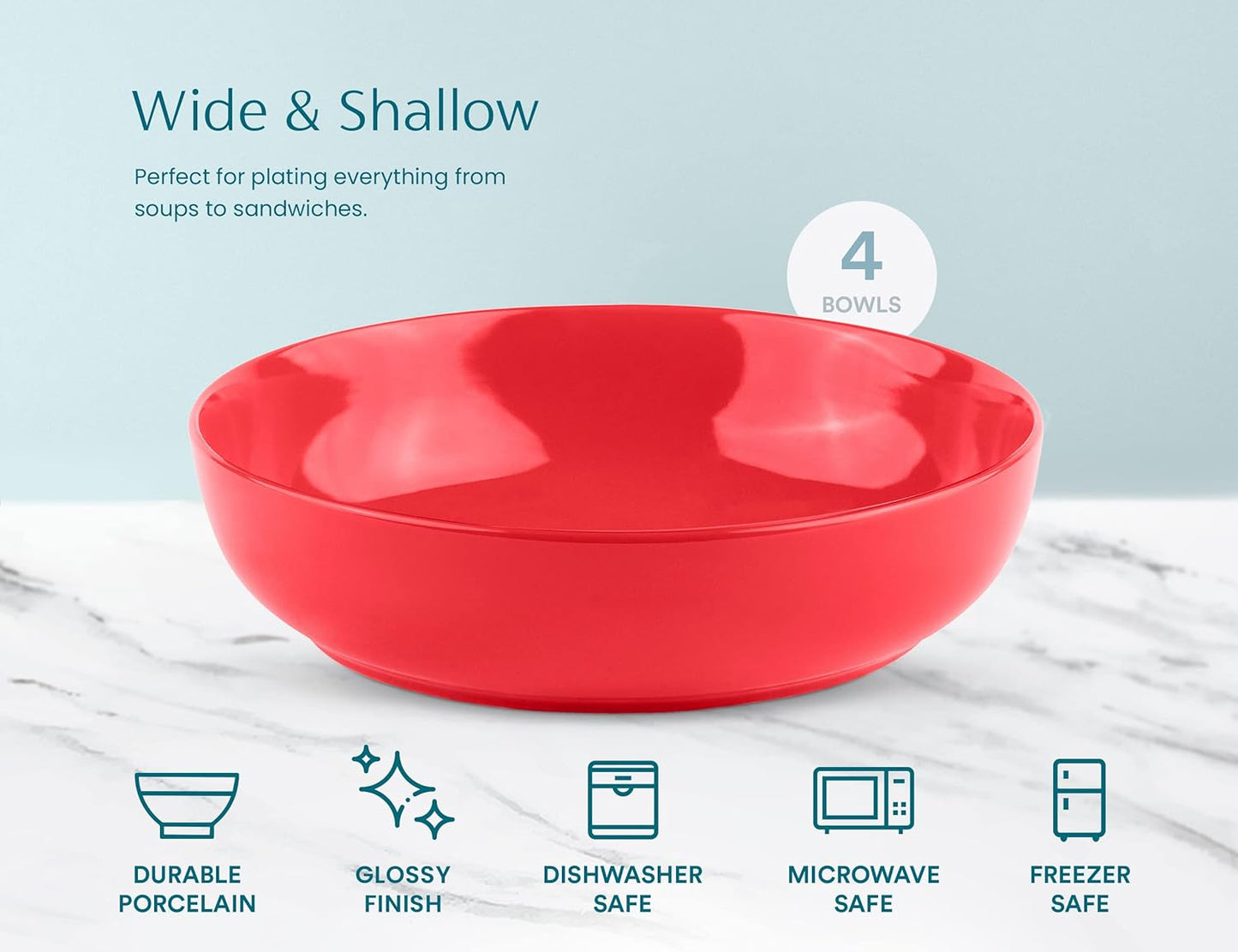 KooK Pasta Bowl, Salad Bowls, Soup, Serving Bowls, Ceramic, Large Capacity, Microwave & Dishwasher Safe, Set of 4, 40 Oz,(Red)