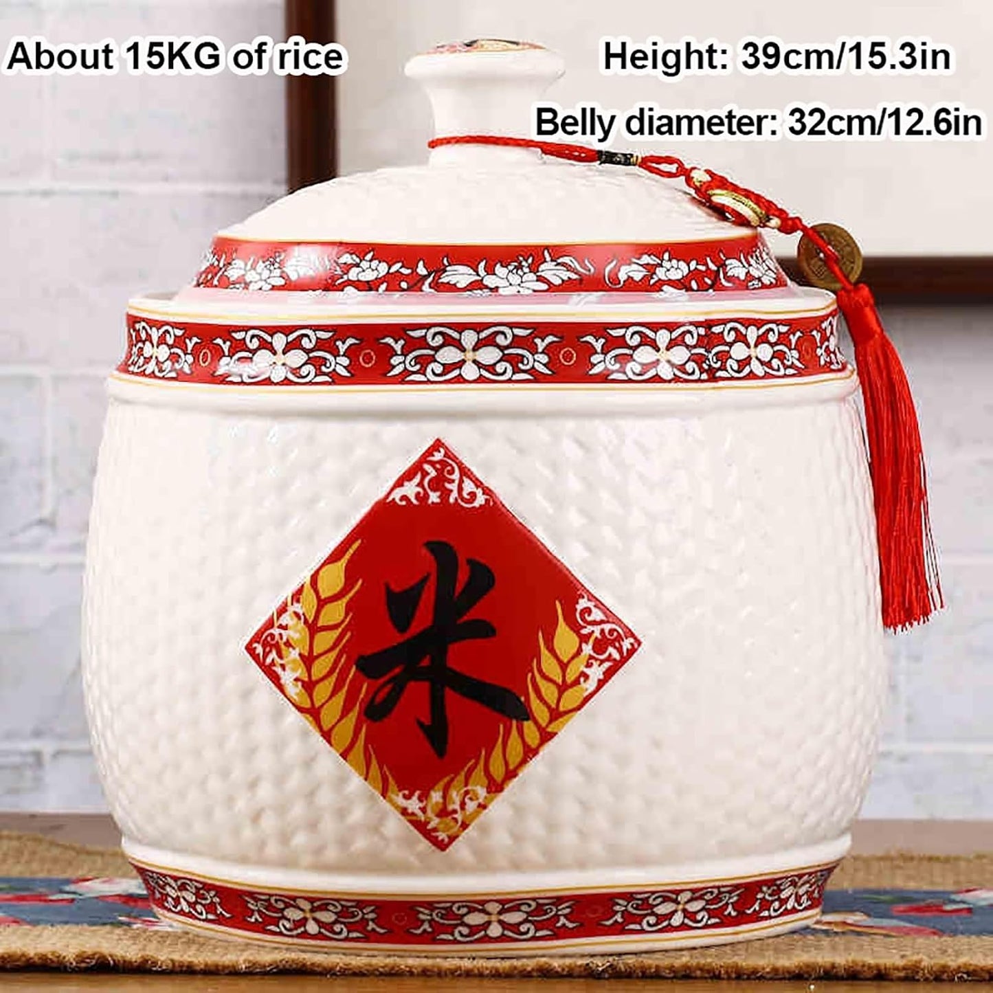 Chinese Sealed Large-Capacity Rice Pot, Ceramic Rice Bucket With Tassel Design, Grain Storage Ceramic Container, Rice Dispenser Airtight Storage Bucket For Grains Snacks Candy Coffee Beans Food(E,Capa
