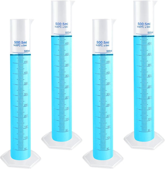 4 Packs 500ml Plastic Graduated Cylinder,Transparent Measuring Cylinder Set with Pour Spout, 2-Sided Making Plastic Lab Test Tube for Science Projects, Laboratory Supplies