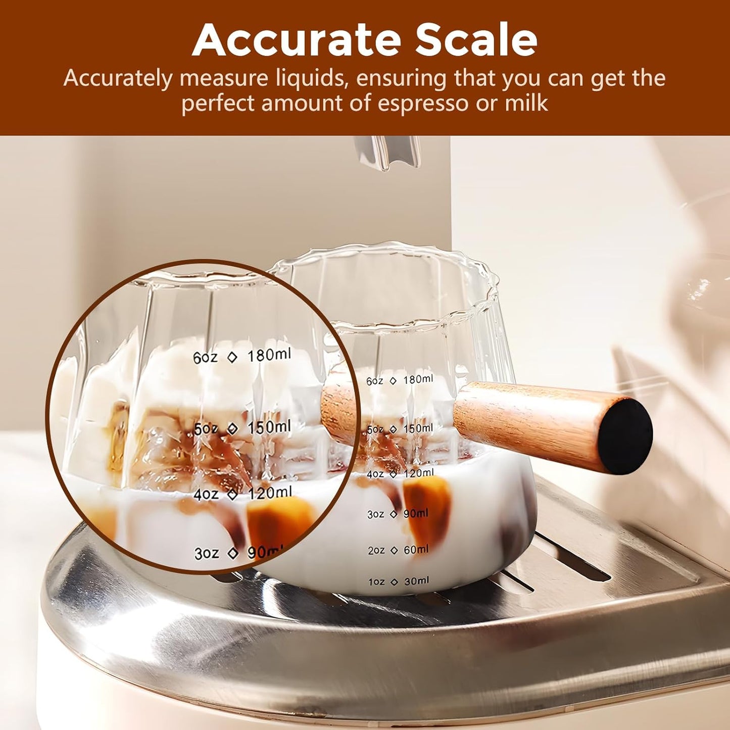 YARRAMATE 2 Pack 6 oz/180ML Glass Measuring Cup with Wooden Handle – Espresso Shot Cups, Ribbed Milk Frothing Pitcher, Dual Scale Markings, V-Shaped Mouth for Easy Pouring