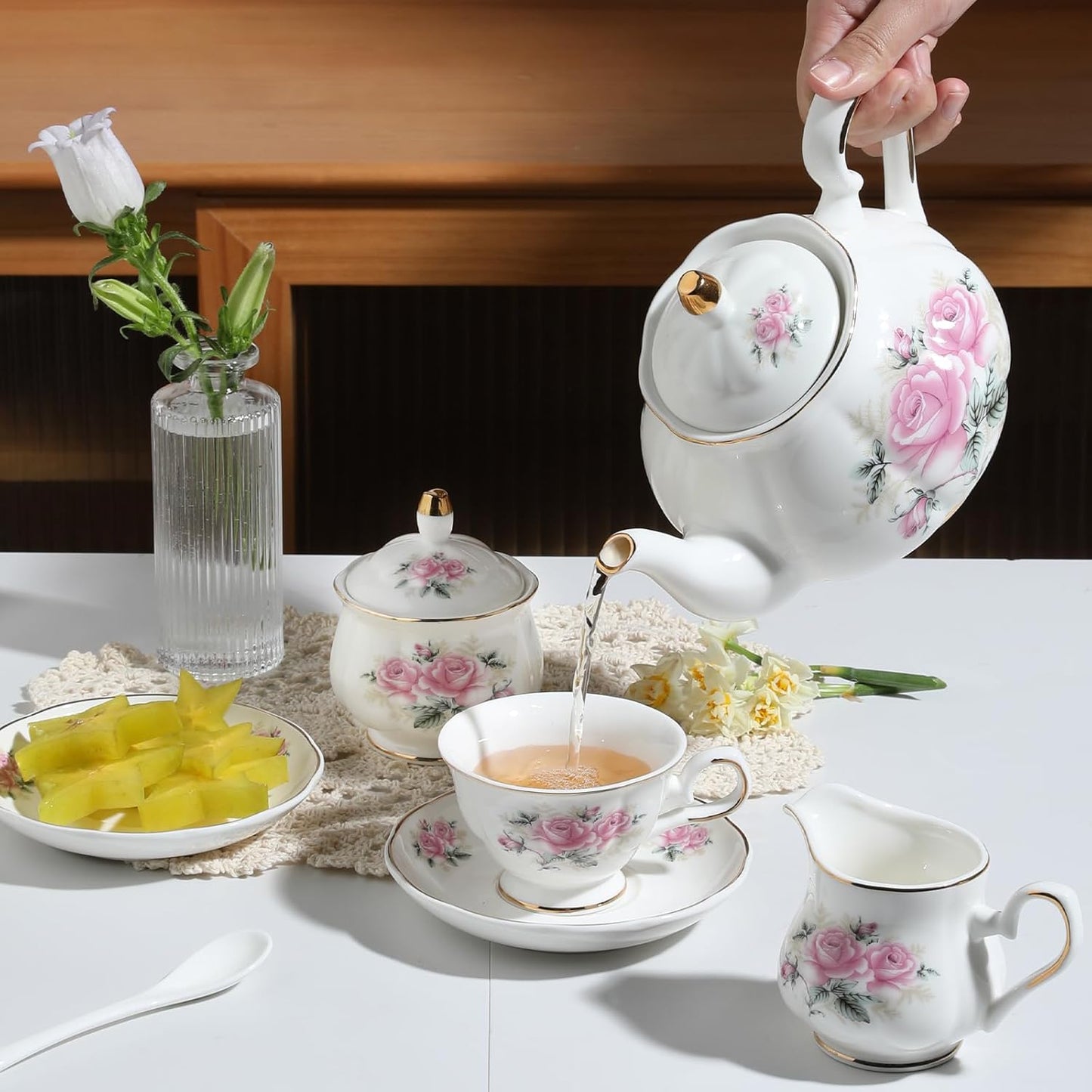 Sweejar Porcelain Tea Sets, Vintage British Floral Relief Gold Rimmed Teapot Cup and Saucer Set, Tea Set Service for 6, with Teapot, Sugar Bowl, Milk Jug, Spoons, Tea Cup and Saucer (Pink Flower)