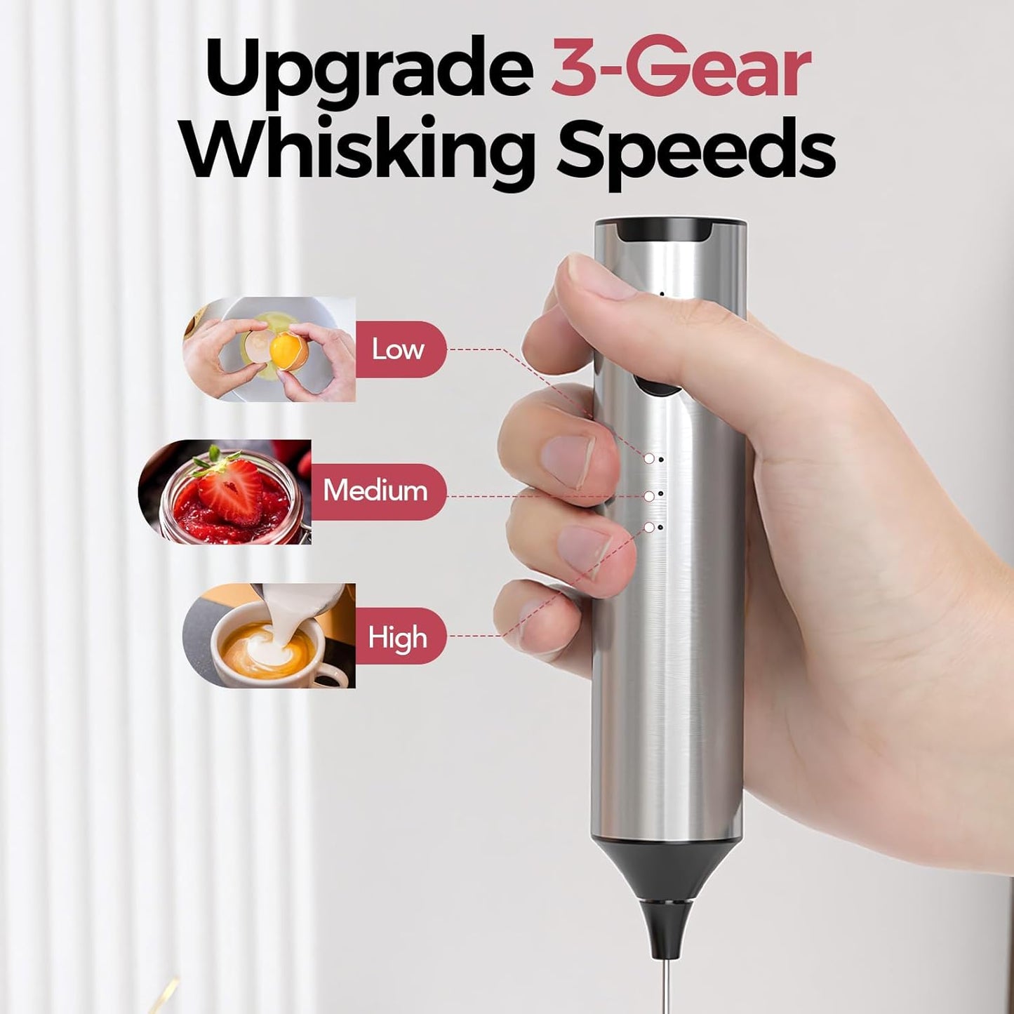 YARRAMATE Rechargeable Milk Frother Wand Handheld, 3 Speed Adjustable Electric Drink Mixer with 2 Whisks, Stainless Steel Stirrer for Coffee, Lattes, Protein Shakes, Matcha, Egg