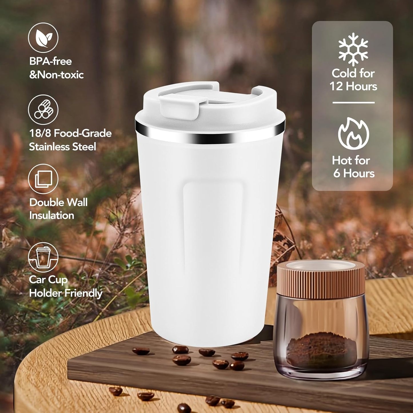 Volhoply 12 oz Double Wall Insulated Vacuum Travel Coffee Mug with Flip Lid Bulk 8 Pack,Reusable Stainless Steel Leak Proof Coffee Cup,Portable Cafe Thermal Tumblers for Hot & Cold Drinks(White,8 Set)