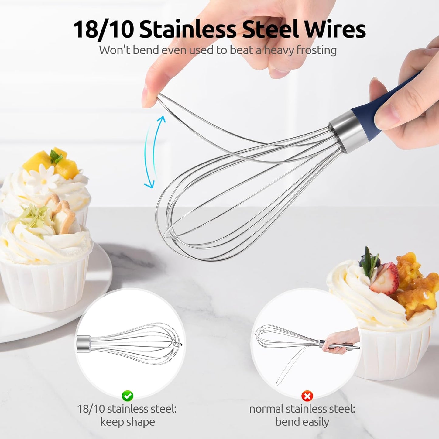 U-Taste 9" Small Egg Whisk: 18/10 Stainless Steel Kitchen Cooking Wire Balloon Wisk, Heavy Duty Metal Beater Stirrer, Manual Baking Tool with 6 Flex Wires for Mixing, Blending Sauce (Midnight Blue)