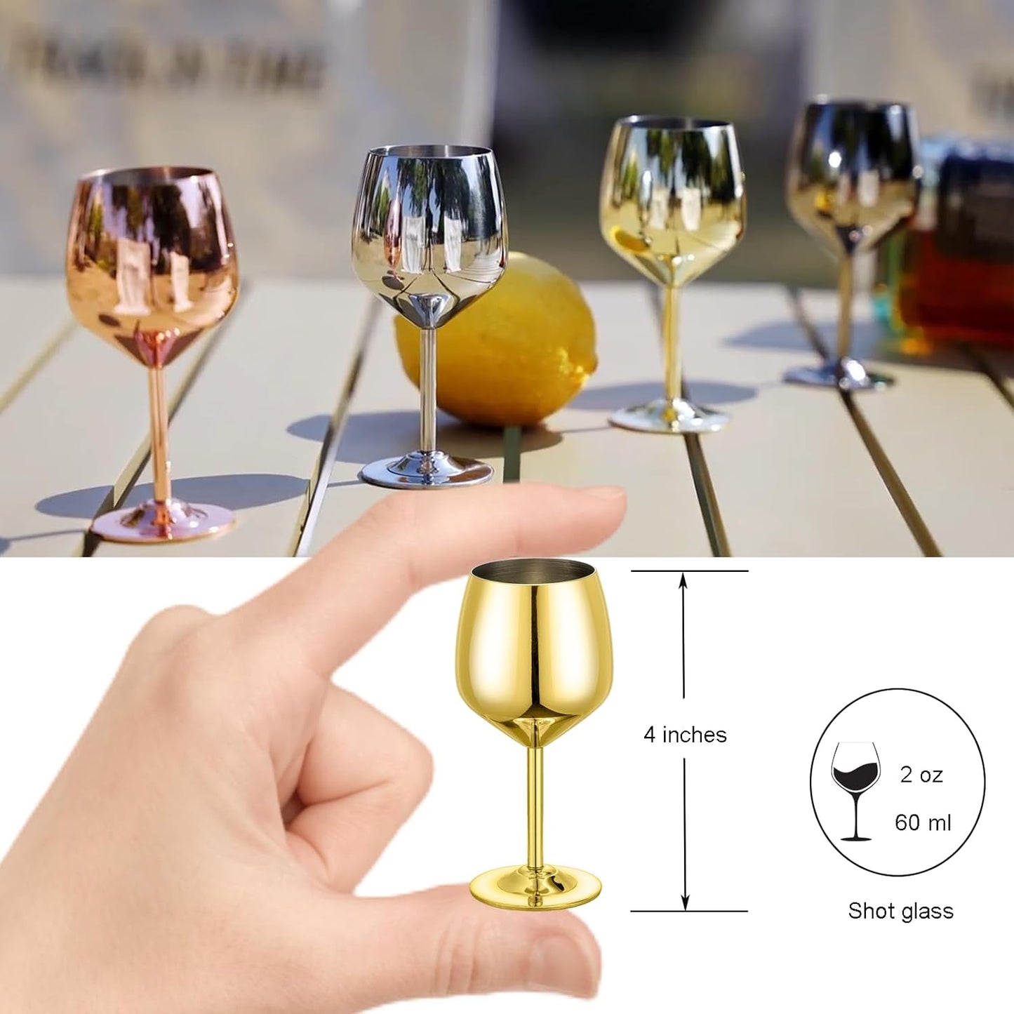 Shot Glasses, 2 oz Shot Glass Set, Stainless Steel Shot Glasses, Mini Wine Glass Perfect for Tasting Brandy,Suitable for party supplies, bar tools, gifts(set of 2) (Gold)