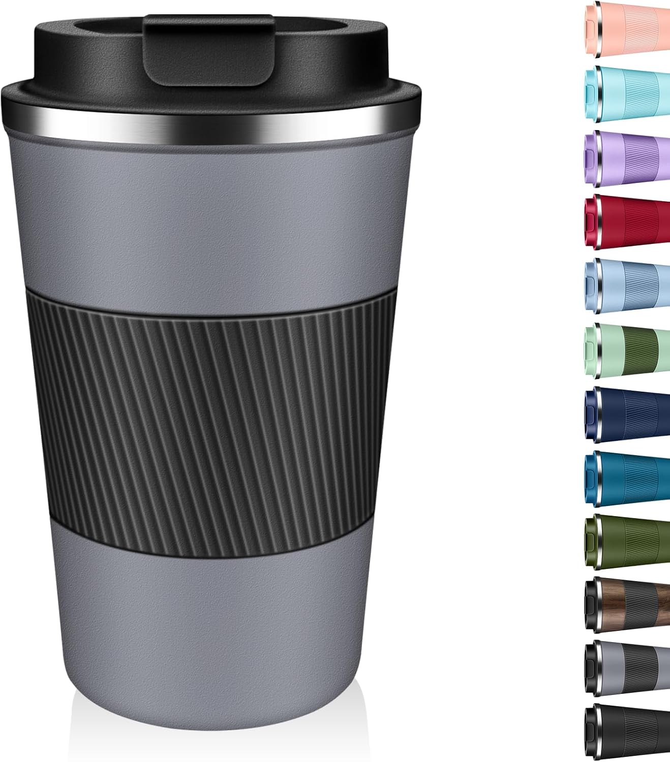 Insulated Coffee Tumbler 12 oz, Stainless Steel Coffee Mug with Lids, Travel Coffee Mug Leak Proof, Double Wall Vacuum Insulated Reusable Iced Coffee Cup, Keep Drinks Hot and Cold (Gray, 17 Ounces)