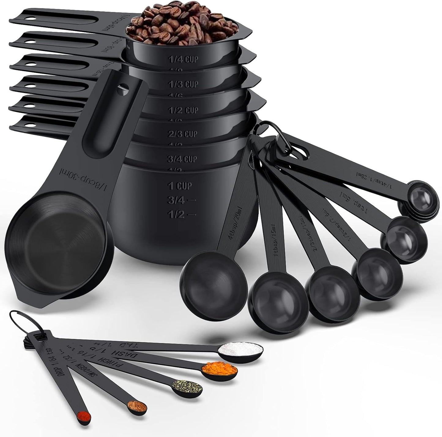 21 Pcs Stainless Steel Measuring Cups and Spoons Set, Wildone Stackable Metal Measuring Cups and Spoons for Cooking & Baking, Includes 7 Cups, 9 Spoons and 5 Mini Spoons（Black）