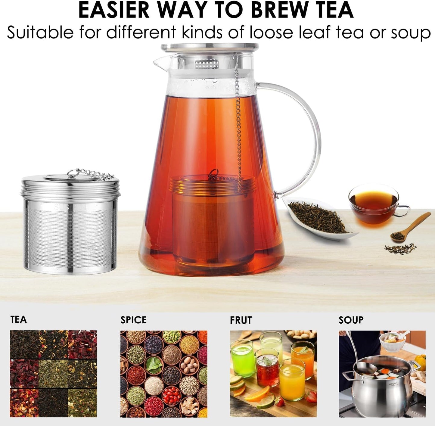 Extra Large Tea Infuser -304 Stainless Steel with Threaded Lid & Chain Hook-Perfect for Loose Leaf Tea,Cooking,Herbs,Iced Tea & Soup - Extra Fine Mesh Tea Strainers