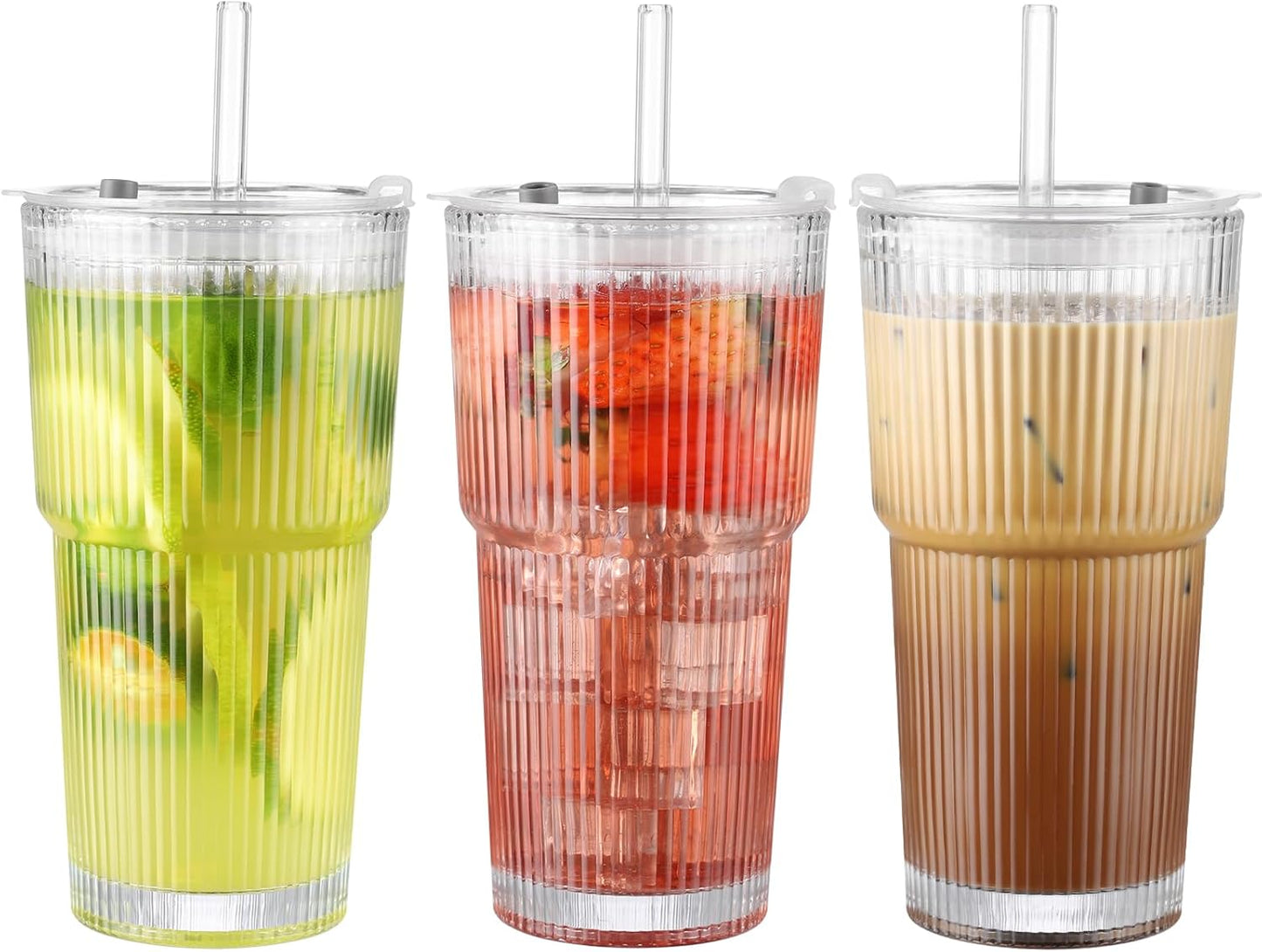 20 oz Glass Cup with Lid and Straw, Glass Tumbler with Straw and Lid, Vintage Glassware for Whiskey Cocktail Beer, Iced Coffee Cups with Lid (3 PACK)