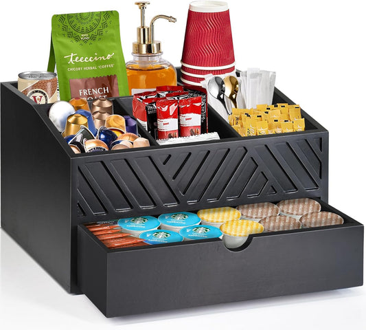 Farmhouse Coffee Bar Organizer - Wooden Countertop Station With Drawer, Pods Holder & Storage Basket