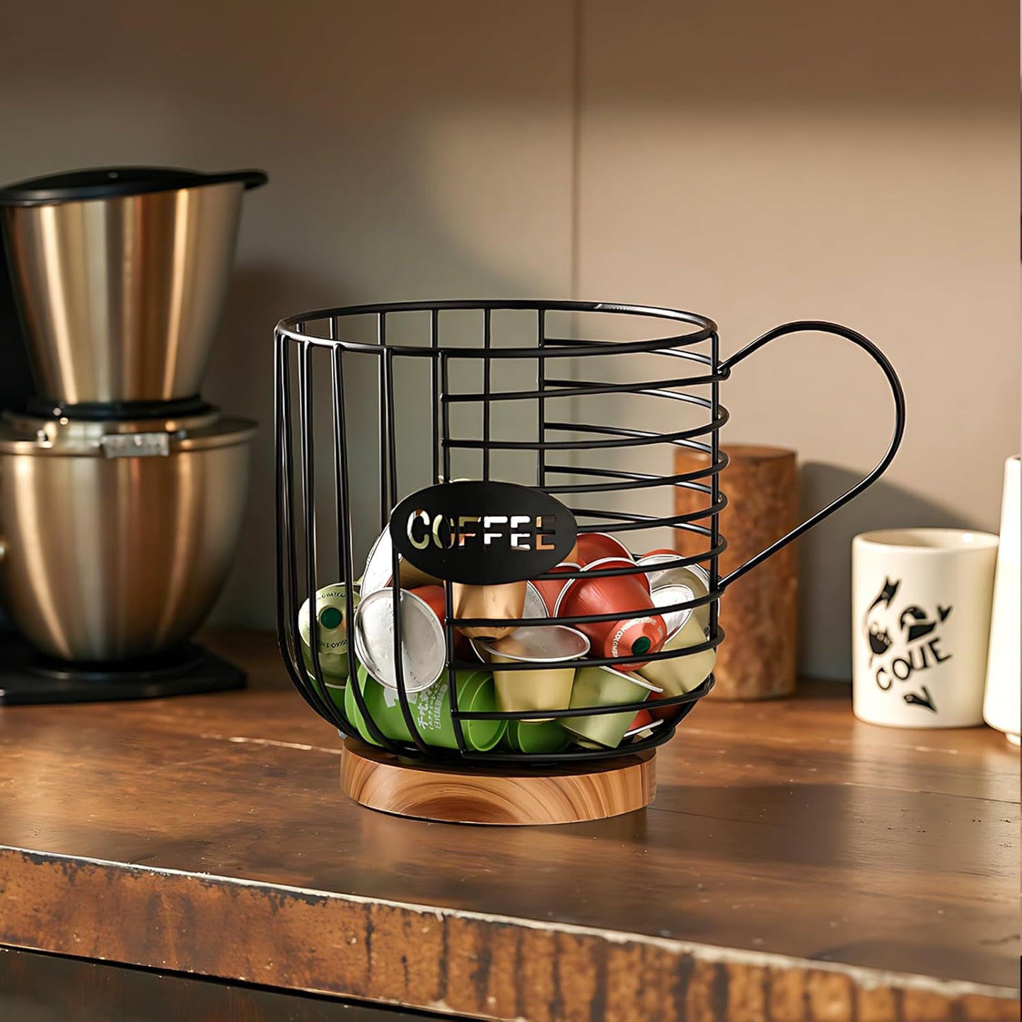 Coffee Pod Holder,Bar Accessories - Espresso Pod Holder - Large Capacity Black Wire Coffee Basket With Wooden Base