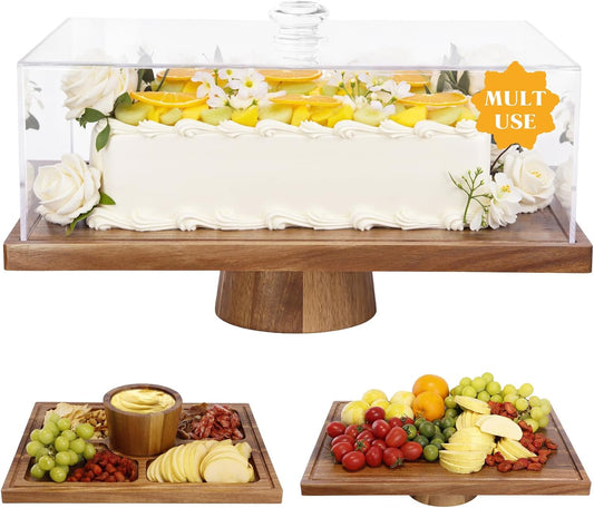 Acacia Wood Cake Stand with Lid - 17" Rectangular 2-in-1 Serving Board & Dessert Display, Shatterproof Acrylic Cake Dome Cover(5.1" high), Charcuterie Platter for Cheese, Fruit, Appetizers (17 inch)