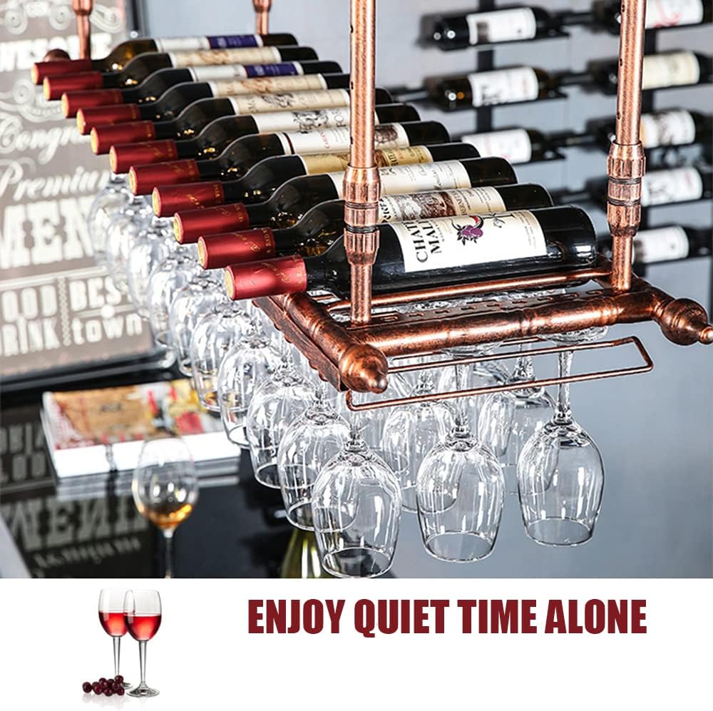 Rustic Wine Rack Wall Mounted with Glass Holder, Adjustable Hanging Bar Wine Glass Rack Ceiling, 47.2in Bottle Holder Wine Shelf Shelves, Perfect for Bar Kitche