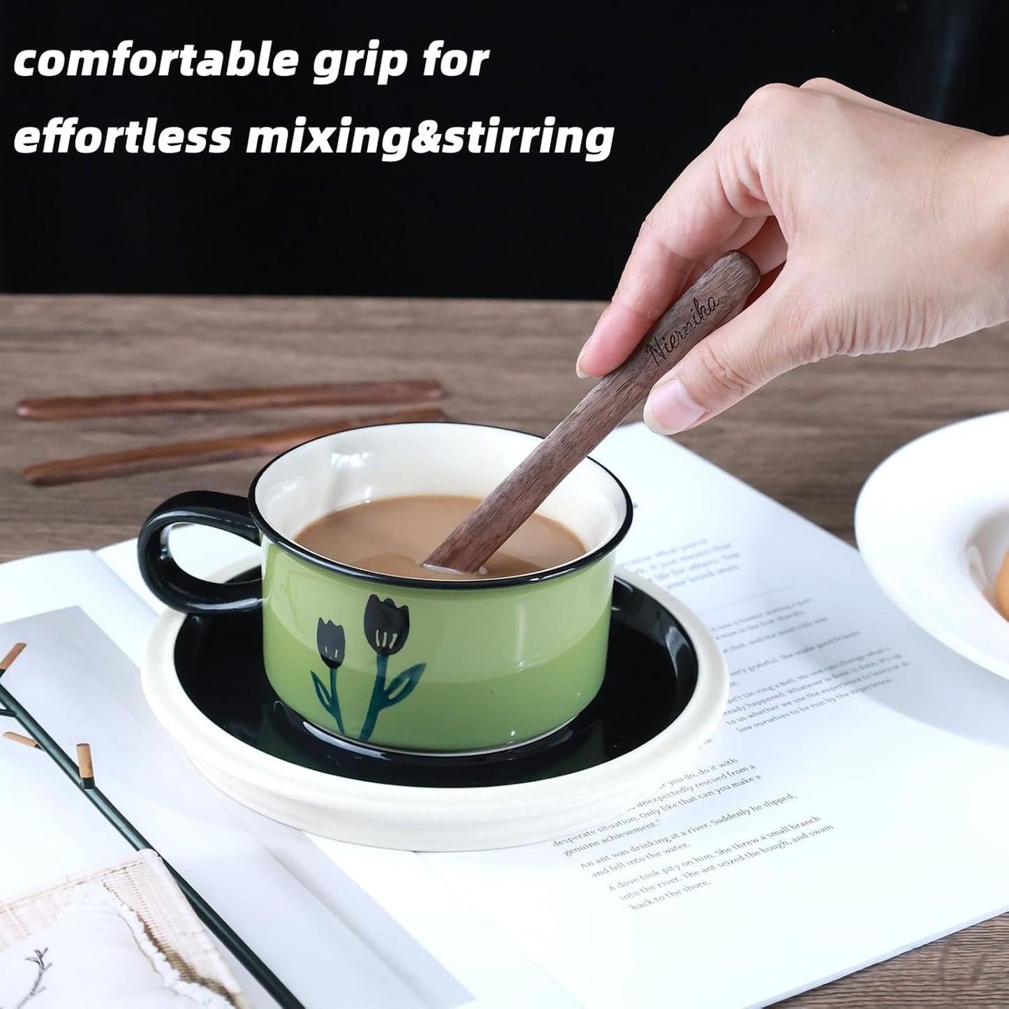 Solid Black Walnut Wood 3Pcs 6" Coffee Stirrers | Reusable & Multifunctional for Hot/Cold Beverages (Coffee, Milk, Oatmeal), Cooking & Crafts (jam, peanut butter Spreader, DIY Projects)