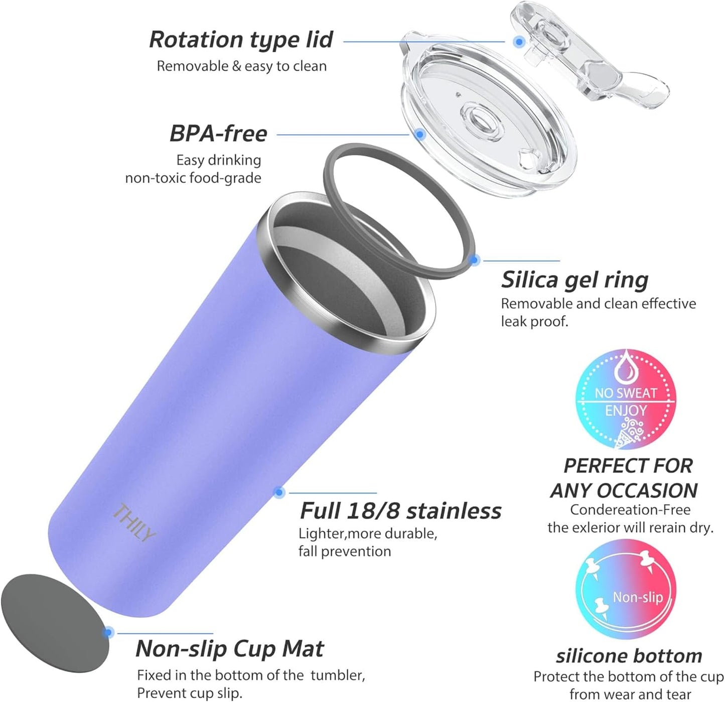 THILY Tumbler Stainless Steel Travel Mug 26 oz Triple-Insulated Coffee Cup with 2 Lids and Straws, Reusable, Powder Coated, Splash-Proof, Keep Ice Drinks Cold, Lavender
