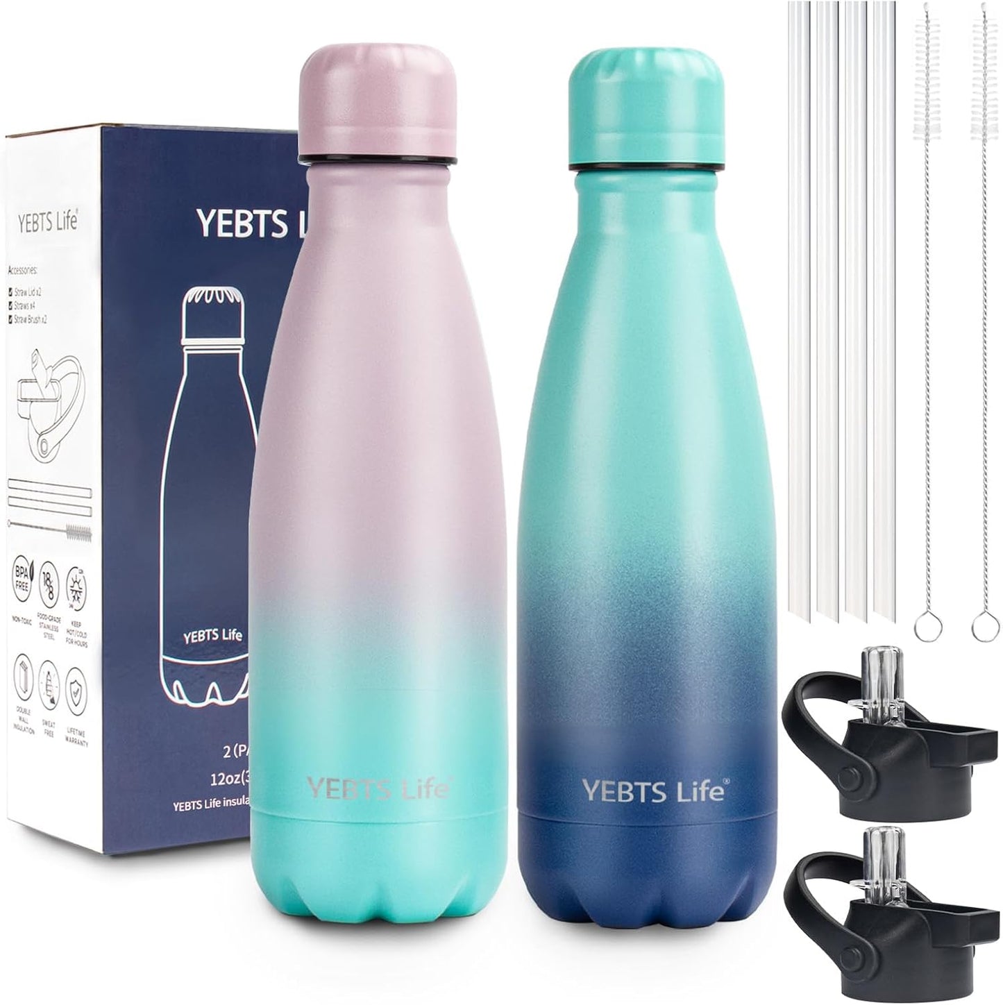 Insulated Water Bottle, 2 Pack-12oz Stainless Steel Water Bottles with straw lid, Metal Sports Water Bottles for Boys,Girls, Double Wall Vacuum BPA-Free Flask for School, Sports (oasis-rainbow)