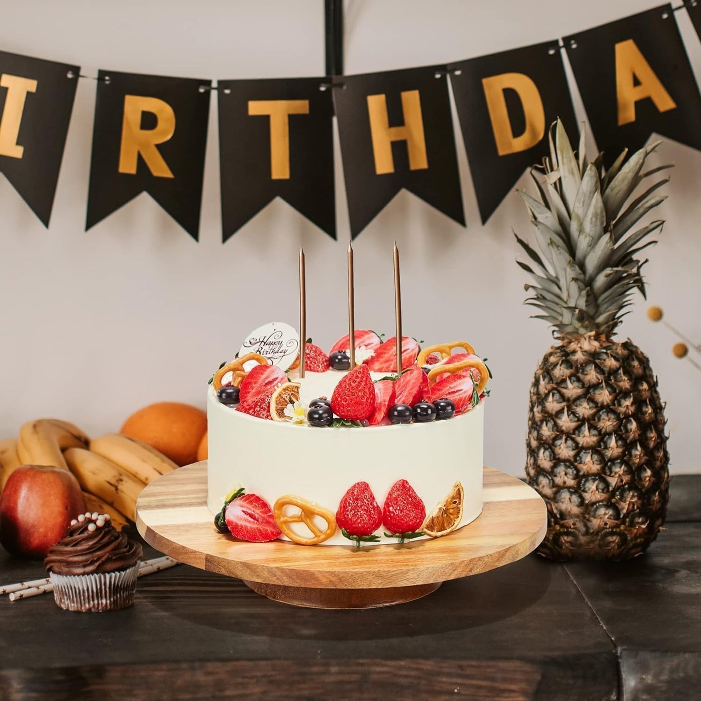 12" Acacia Wood Revolving Cake Stand, Rotating Cake Turntable with 2 Plastic Icing Spatulas, 3 Plastic Smoothers, Wooden Rotating Display Stand for Cake, Cupcake Decorating Supplies