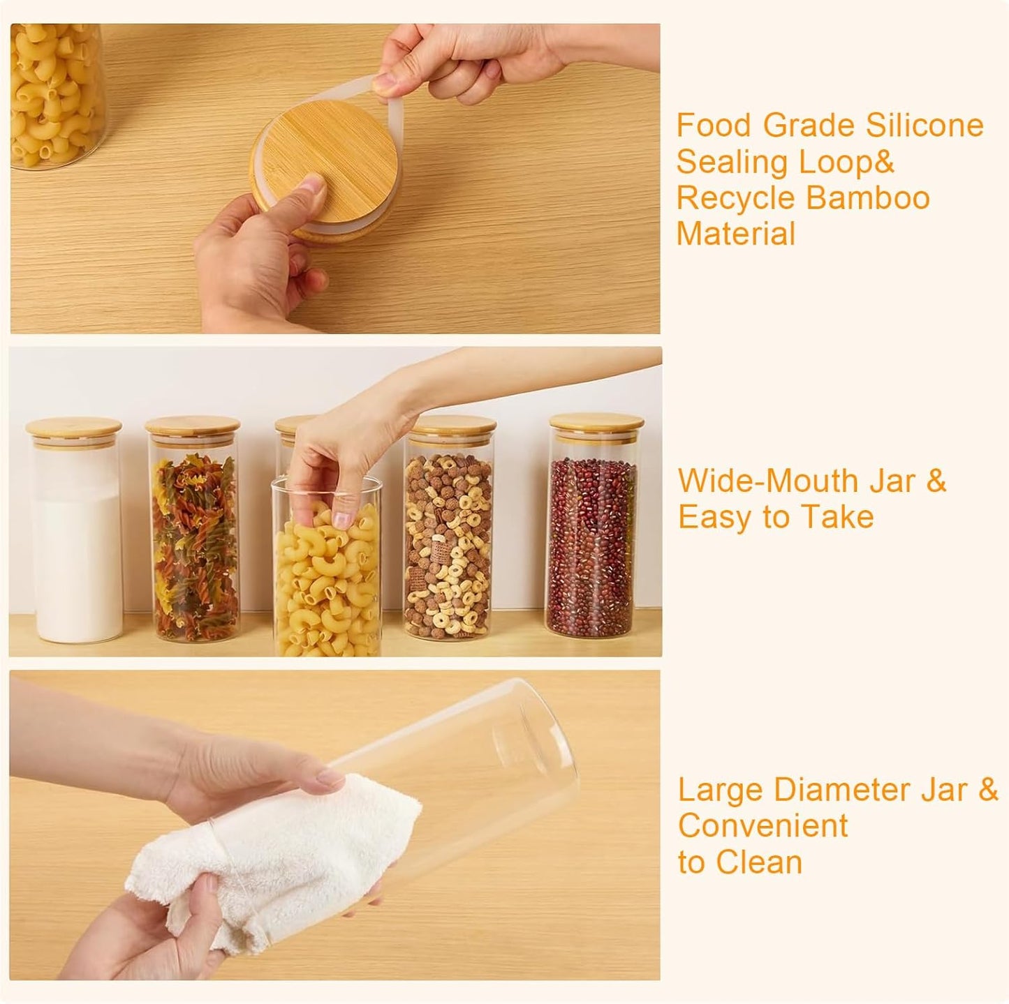 umieo Large Glass Flour and Sugar Containers 50oz Set of 2, Glass Jar with Airtight Lids, Clear Storage Containers with Bamboo Lids for Rice, Oat, Nuts, Candy, Cereal, Coffee, Beans