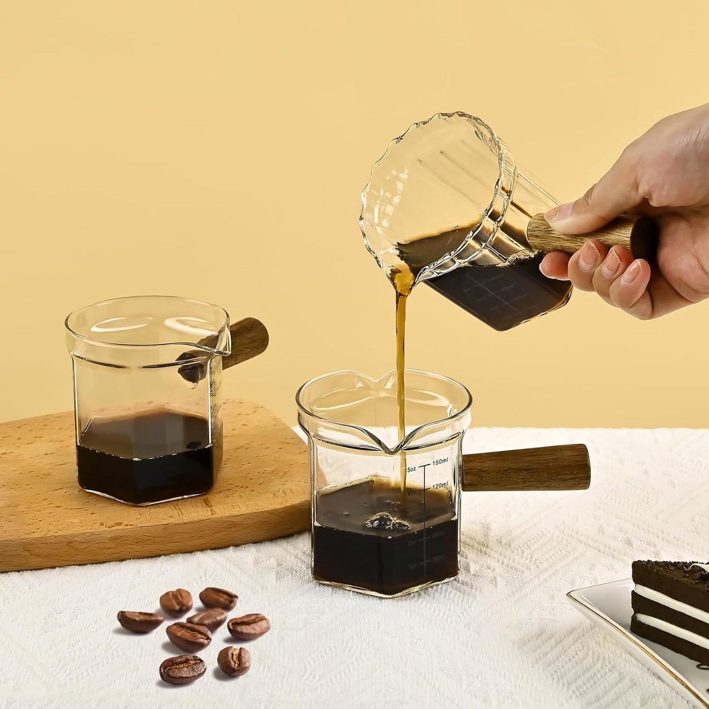 Glass Measuring Cup, 5oz Clear Espresso Shot Glass with Wood Handle, Double Spouts Measuring Triple Pitcher Milk Cup for Coffee Tea (Transparent)
