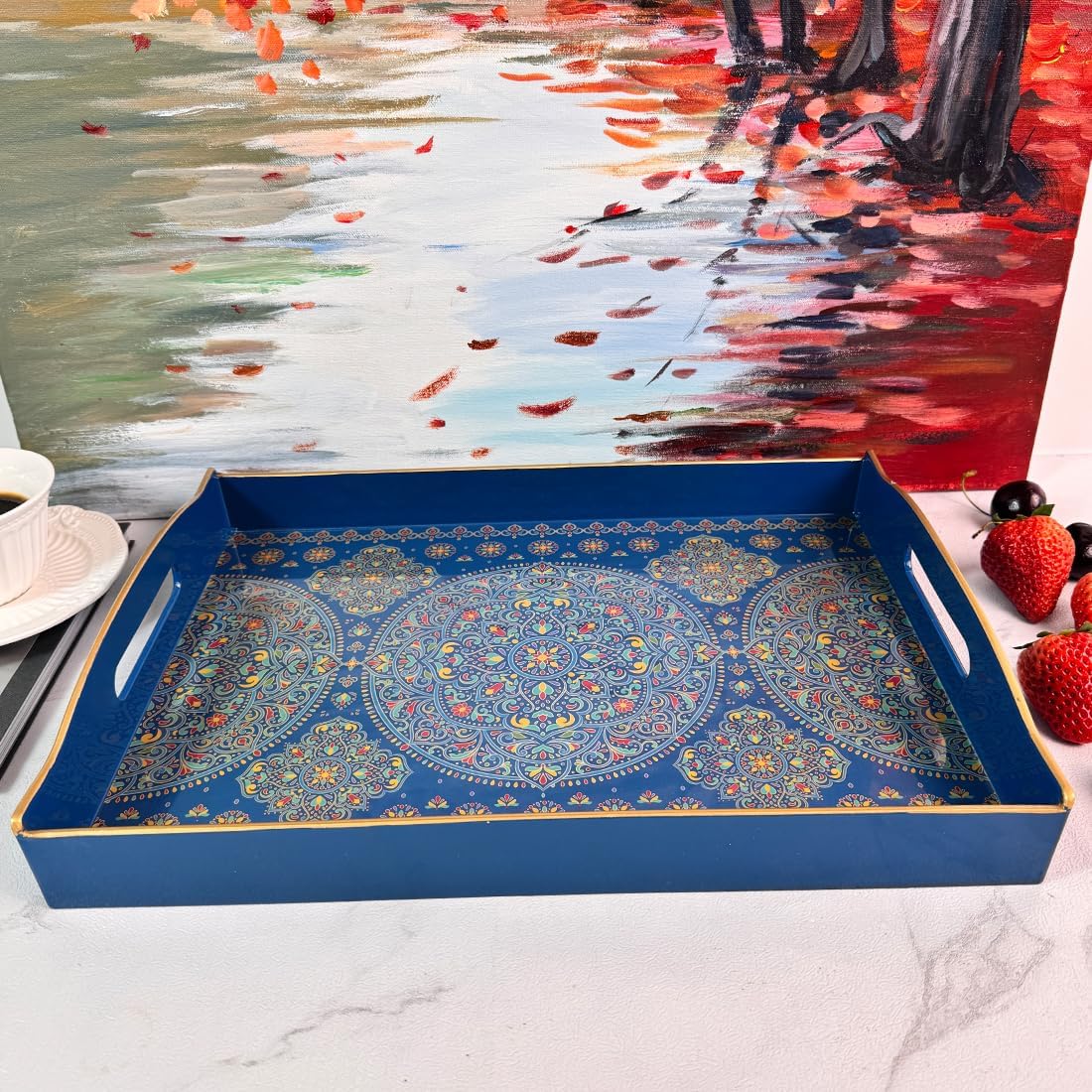 Boho Blue Decorative Tray, Serving Tray with Handles, Plastic Tray for Coffee Table, Ottoman - Ideal for Living Room & Bathroom. 15” x 11” x 2.5”