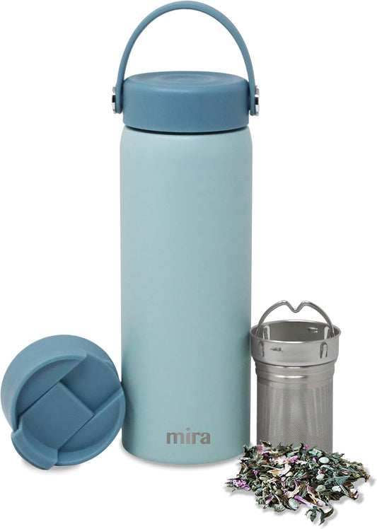 MIRA 18 oz Tea Infuser Thermos - Stainless Steel Travel Bottle with Removable Strainer for Loose Leaf Tea - Insulated Hot & Cold Brew Steeper - Pearl Blue