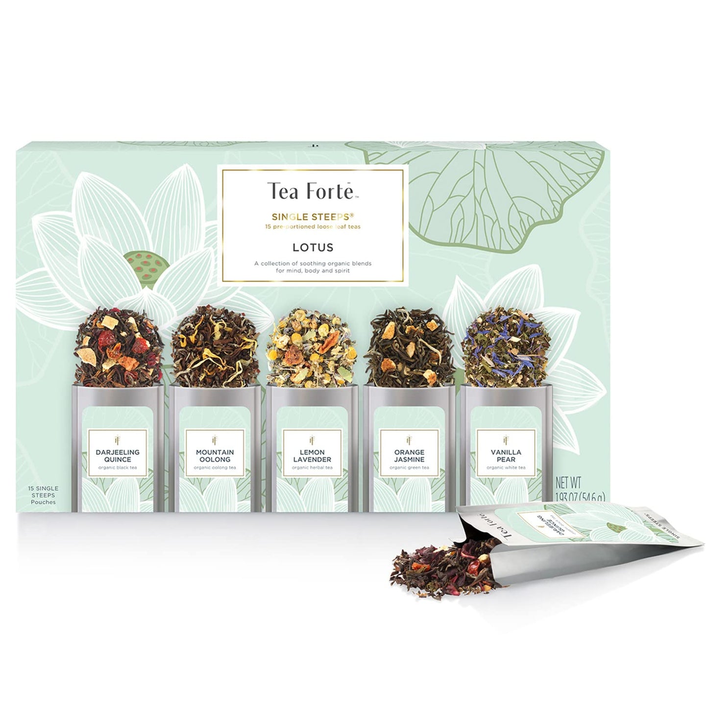 Tea Forte Lotus Single Steeps Loose Leaf Premium Tea Gift Set Sampler, 15 Count 3 of Each Assorted Blends, Pre-Portioned Single Serve Pouches, Steeps 12 oz